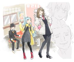 Rule 34 | 2girls, 3boys, ai the somnium files, ai the somnium files: nirvana initiative, black dress, black eyes, black hair, black pantyhose, black shoes, brown hair, chieda kizuna, closed mouth, collared shirt, dress, gebodyabo, hat, highres, indoors, jacket, loafers, long hair, matsushita ota, multiple boys, multiple girls, necktie, okiura mizuki, pantyhose, red eyes, red necktie, ryuki kuruto, school uniform, sekiba girls&#039; high school uniform, shirt, shoes, smile, twining lien, white hat, white jacket, white shirt, yellow jacket
