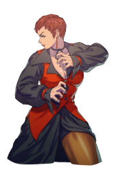1girl breasts brown_eyes brown_hair cleavage curvy dress earrings female_focus formal_clothes huge_breasts jewelry large_breasts lejeanx3 long_sleeves pantyhose rejean_dubois see-through_clothes short_hair shorts skirt smile standing suit the_king_of_fighters thick_thighs thighs vice_(kof) wide_hips