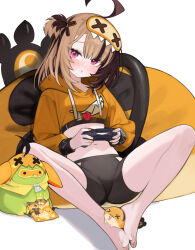 1girl absurdres alternate_costume alternate_hairstyle barefoot bike_shorts black_shorts blonde_hair blush brown_hair commentary controller cropped_hoodie dualshock english_commentary game_controller gamepad gigi_murin grem_(gigi_murin) highres hip_vent holding holding_controller holding_game_controller hololive hololive_english hood hoodie hoshi_usagi looking_at_viewer midriff multicolored_hair nail_polish navel one_side_up pink_eyes playstation_controller popo_(gigi_murin) pout shorts sitting solo spread_legs toenail_polish toenails twintails two-tone_hair virtual_youtuber yellow_hoodie yellow_nails