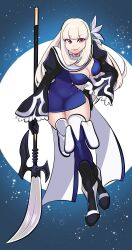 Rule 34 | 1girl, bell sleeves, boots, bravely default (series), bravely second: end layer, breasts, cleavage, dress, flower, full moon, glaive (polearm), hair flower, hair ornament, hand on own hip, holding, holding weapon, long hair, magnolia arch, missandydandy, moon, polearm, purple dress, red eyes, short dress, solo, thigh boots, weapon, white hair