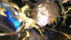 1boy absurdres alternate_form artist_name black_background blonde_hair closed_mouth commentary_request halo halo_behind_head highres honkai:_star_rail honkai_(series) looking_at_viewer male_focus phainon_(honkai:_star_rail) short_hair simple_background solo whisper_(suisuibingtang) yellow_eyes