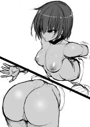 1girl anus ass ass_focus blush breasts cleft_of_venus completely_nude curvy dark-skinned_female dark_skin disgust female_focus forced hair_between_eyes highres imminent_penetration looking_at_another lovelovemaid medium_breasts mizuki_yukikaze mizuki_yukikaze_(future) monochrome nipples nude pubic_hair pussy pussy_juice restrained shiny_skin short_hair simple_background sketch solo spread_legs stationary_restraints taimanin_(series) taimanin_rpgx taimanin_yukikaze through_wall trapped uncensored