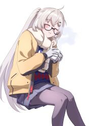 1girl absurdres ahoge argyle_clothes argyle_sweater black-framed_eyewear black_pantyhose black_skirt blonde_hair blue_archive blue_sweater brown_scarf brown_sweater closed_eyes commentary commentary_request cup english_commentary feet_out_of_frame glasses grin hands_up highres holding holding_cup jacket korean_commentary kotama_(blue_archive) kotama_(camp)_(blue_archive) long_hair long_sleeves miniskirt mixed-language_commentary multicolored_sweater official_alternate_costume open_clothes open_jacket pantyhose pleated_skirt ponytail scarf semi-rimless_eyewear simple_background sitting skirt smile solo steam sweater transparent_background under-rim_eyewear user_jrze3353 very_long_hair yellow_jacket