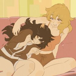 2girls 55bata6rou animal_ears black_hair black_shirt blake_belladonna blonde_hair breasts brown_shorts cat_ears closed_eyes closed_mouth couch cowboy_shot hands_up highres indoors leaning_to_the_side long_hair looking_at_another medium_breasts multiple_girls on_couch pink_shirt rwby shirt shorts sitting sleepwear sleeveless sleeveless_shirt smile yang_xiao_long