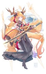 Rule 34 | 1girl, ankle boots, arknights, armor, bare shoulders, black boots, black dress, blonde hair, boots, brown horns, chinese commentary, closed mouth, commentary request, dress, electricity, full body, highres, holding, holding sword, holding weapon, horns, leizi (arknights), leizi the thunderbringer (arknights), long dress, long hair, looking at viewer, magic, meng ying can xuan, pointy ears, purple eyes, sleeveless, sleeveless dress, solo, sword, vambraces, very long hair, weapon