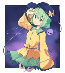 Rule 34 | 1girl, black hat, border, bow, buttons, chinese commentary, closed mouth, collared shirt, commentary, commentary request, diamond button, english commentary, eyeball, floral print, frilled shirt collar, frilled skirt, frilled sleeves, frills, green eyes, green hair, green skirt, hat, hat bow, heart, heart of string, highres, komeiji koishi, long sleeves, looking at viewer, mixed-language commentary, print skirt, rose print, shirt, skirt, smile, solo, split mouth, sstareven2, third eye, touhou, twitter username, white border, wide sleeves, yellow bow, yellow shirt