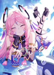 1girl absurdres bare_shoulders black_shoes braid can citlali_(genshin_impact) closed_eyes closed_mouth drink_can facial_mark facing_viewer fingernails floating_headgear forehead_mark genshin_impact head_rest headgear highres holding holding_can long_hair low_twin_braids lying missing_commentary nail_polish on_stomach pink_hair purple_nails shoes smile solo the_pose triangle triangle_facial_mark twin_braids wuzhihuijia