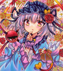 1girl :o adapted_costume blue_robe commentary_request embellished_costume eyeball finger_to_own_chin floral_background flower frilled_hairband frilled_shirt_collar frills hairband hand_up komeiji_satori long_sleeves looking_at_viewer marker_(medium) open_mouth pink_hair red_eyes red_flower red_rose robe rose rui_(sugar3) short_hair solo third_eye touhou traditional_media upper_body wide_sleeves