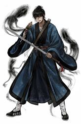 1boy absurdres alternate_costume alternate_hairstyle bags_under_eyes bandaged_arm bandages bell black_eyes black_hair black_shoes black_smoke blood blood_on_arm blood_on_clothes blood_on_hands bloodshot_eyes bloody_bandages blue_hanfu chinese_clothes chinese_commentary clenched_hand colored_smoke creature dao_gui_yi_xian dirty dirty_clothes dirty_face dirty_hands fighting_stance full_body gasoline_(gasoline86327) ghost hair_bun hair_ornament hair_stick hanfu highres holding holding_bell holding_sword holding_weapon jian_(weapon) li_huowang long_sleeves looking_at_viewer male_focus pants parted_lips red_eyes robe sash sheath shoes shoulder_belt simple_background single_hair_bun smoke solo standing sword sword_tassel tassel updo weapon white_background white_pants wide_sleeves you_laoye