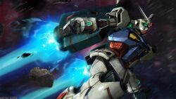 absurdres asteroid engage_gundam glowing glowing_eyes green_eyes gundam gundam_battle_operation_2 gundam_u.c._engage highres lens_flare machinery mecha mecha_focus mobile_suit motion_blur no_humans official_art painting_(medium) realistic robot scan science_fiction space star_(sky) sunrise_(company) tenjin_hidetaka thrusters traditional_media v-fin zero_gravity