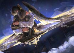 Rule 34 | 2boys, age comparison, bandaid, black collar, black hair, black wings, closed eyes, cloud, coat, collar, dual persona, faceless, feathered wings, gaebok jing, hair over eyes, highres, hug, in water, kim dokja, male focus, multiple boys, multiple views, omniscient reader&#039;s viewpoint, short hair, signature, sky, star (sky), starry sky, wet, white coat, wings, yoo joonghyuk