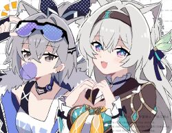 2girls animal_ears black_gloves blush cat_ears chewing_gum finger_heart fingerless_gloves firefly_(honkai:_star_rail) fur-trimmed_jacket fur_trim gloves grey_hair hair_between_eyes hair_intakes hair_ornament hair_ribbon hairband haji_6635_ttt honkai:_star_rail honkai_(series) jacket multicolored_eyes multiple_girls neckerchief open_mouth orange_neckerchief ribbon silver_wolf_(honkai:_star_rail) simple_background smile twitter_username white_background