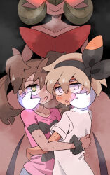 3girls bea_(pokemon) black_background black_hairband black_scrunchie blue_eyes blush bob_cut breasts breath brown_hair collarbone colored_skin creatures_(company) elbow_gloves female_focus flat_chest game_freak gardevoir gen_3_pokemon gloves glowing glowing_eyes green_eyes green_hair hair_between_eyes hairband hand_on_another&#039;s_cheek hand_on_another&#039;s_face head_out_of_frame heart heart-shaped_pupils height_difference highres hug hypnosis kurachi_mizuki looking_at_viewer looking_back medium_hair mega_gardevoir mega_pokemon mind_control multiple_girls nintendo open_mouth pink_shirt pokemon pokemon_swsh pokemon_xy quad_tails revision scrunchie shauna_(pokemon) shirt short_hair short_sleeves sidelocks small_breasts standing steam steaming_body straight-on sweat symbol-shaped_pupils upper_body white_gloves white_shirt white_skin wrist_scrunchie yuri