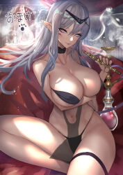 1girl absurdres arm_under_breasts bikini black_bikini breasts bridal_gauntlets circlet cleavage closed_mouth commentary_request dancer elf grey_hair hair_between_eyes harem_outfit highres hitowa holding hookah jewelry large_breasts long_hair looking_at_viewer multiple_rings navel original paw_print pelvic_curtain pointy_ears purple_eyes ring see-through_clothes smile smoke solo swimsuit thigh_strap
