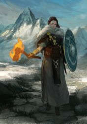 1girl absurdres axe blue_eyes brown_hair cape cloud cloudy_sky day expressionless fantasy fire fur_cape highres holding holding_axe long_hair looking_at_viewer mountain nature original outdoors parted_lips robe scenery shield sky snow solo sonech standing viking warrior weapon winter_clothes