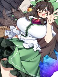 Rule 34 | 1girl, :d, arm cannon, black wings, blush, bow, breasts, brown hair, collared shirt, commentary request, control rod (touhou), cowboy shot, feathered wings, frilled shirt, frilled skirt, frills, green bow, green skirt, hair bow, highres, huge breasts, impossible clothes, impossible shirt, long hair, looking at viewer, motsu momomo, open mouth, print cape, puffy short sleeves, puffy sleeves, red eyes, reiuji utsuho, shirt, short sleeves, skirt, smile, solo, starry sky print, third eye, touhou, watermark, waving, weapon, white shirt, wings