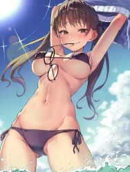Rule 34 | 1girl, bikini, blue archive, blush, breasts, brown eyes, brown hair, cloud, cloudy sky, commentary, highres, holding, holding removed eyewear, linea alba, long hair, looking at viewer, messy bangs, moe (blue archive), moe (swimsuit) (blue archive), mouth hold, ryuudog, sky, solo, splashing, sun, swimsuit, symbol-only commentary, twintails, underboob, unworn eyewear, wading, water