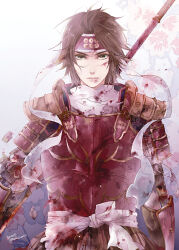 Rule 34 | blood, blood on clothes, blood on face, brown hair, headband, male focus, polearm, sanada yukimura (sengoku musou), sengoku musou, spear, weapon, yoshinori (pixiv358764)