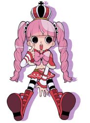 1girl belt black_eyes blunt_bangs blush boots bow bowtie braided_twintails capelet commentary_request crown drop_shadow finger_to_eye full_body heart_belt highres ikuchi_osutega long_hair long_sleeves midriff navel one_piece open_mouth pantyhose perona pink_bow pink_bowtie pink_hair red_boots red_capelet solo striped_clothes striped_pantyhose teeth twintails upper_teeth_only white_background