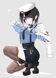 1girl absurdres armband belt black_belt black_boots black_hair black_necktie black_skirt blue_eyes blue_shirt blush boots breasts brown_belt brown_thighhighs closed_mouth collared_shirt commentary cuffs detached_sleeves epaulettes full_body gloves grey_background half_gloves handcuffs hat highres holding holding_handcuffs hololive jacket jacket_on_shoulders kneeling legs looking_at_viewer medal medium_breasts multiple_belts necktie official_alternate_costume on_one_knee oozora_subaru oozora_subaru_(police) peaked_cap pencil_skirt police police_hat police_uniform policewoman red_armband shirt shirt_tucked_in short_hair side_slit simple_background skirt smile solo sparkle star_(symbol) suspenders swept_bangs thighhighs tiptoes tlie_ilt virtual_youtuber white_gloves white_hat white_jacket wing_collar