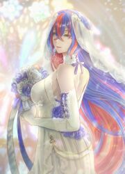 1girl blue_hair bouquet bride crossed_bangs dress female_alear_(fire_emblem) fire_emblem fire_emblem_engage flower heterochromia highres holding holding_bouquet multicolored_hair nekoyashiki_08 nintendo open_mouth red_hair split-color_hair two-tone_hair wedding_dress