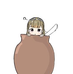 1girl ? blush braid brown_hair center-flap_bangs commentary highres in_container jar kachimachi_kosuzu link!_like!_love_live! looking_at_viewer love_live! parted_lips pink_eyes side_braids simple_background solo symbol-only_commentary tazaki_masanobu virtual_youtuber white_background