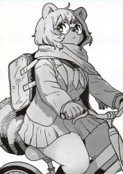 1girl :&lt; absurdres animal_ears animal_nose bag bicycle blazer furry furry_female glasses greyscale highres jacket lapels miniskirt monochrome neckerchief original raccoon_ears raccoon_girl raccoon_tail riding riding_bicycle round_eyewear sailor_collar scarf school_uniform serafuku simple_background skirt solo tail tomochiso white_background