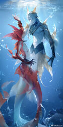 Rule 34 | 2boys, absurdres, arm fins, back, bracer, closed mouth, dorsal fin, fingernails, fins, grey hair, head fins, highres, holding hands, long fingernails, long hair, looking at another, male focus, merman, monster boy, multiple boys, navel, nipples, original, red hair, scales, scarf, short hair, topless male, underwater, zzennn
