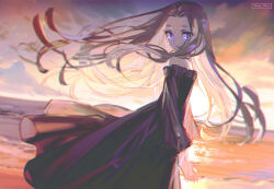 Rule 34 | 1girl, arms behind back, backlighting, bare shoulders, commentary request, dress, dutch angle, from behind, long hair, ocean, off-shoulder dress, off shoulder, original, purple eyes, purple hair, solo, sunset, taa (acid), twitter username, watermark