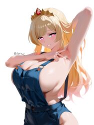 1girl arm_behind_head arm_up armpits artist_name bare_hips blonde_hair blue_nails blue_overalls breasts chrome_cottontail cleavage denim_overalls eyebrows eyelashes female_focus fingernails grin hand_up heart heart-shaped_pupils hip_vent huge_breasts indie_virtual_youtuber long_hair looking_at_viewer mole mole_under_eye mole_under_mouth nail_polish naked_overalls naughty_face overalls parted_lips pink_eyes simple_background smile solo symbol-shaped_pupils teeth tiara upper_body v virtual_youtuber white_background zetyi