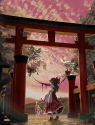 1girl absurdres bird black_eyes black_hair bow brown_shoes cloud dedemaru detached_sleeves disembodied_eye frilled_bow frilled_hair_tubes frills gap_(touhou) gohei grass hair_bow hair_tubes hakurei_reimu highres hill holding holding_gohei long_hair long_skirt outdoors pleated_skirt purple_sky red_bow red_shirt red_skirt shirt shoes skirt sky sleeveless sleeveless_shirt socks solo standing torii touhou tree white_sleeves white_socks