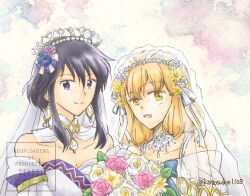 2girls black_hair bouquet bridal_veil bride brooch choker dress earrings fire_emblem fire_emblem:_genealogy_of_the_holy_war fire_emblem_heroes flower hair_flower hair_ornament holding holding_bouquet jewelry kotosuke1103 lana_(bride)_(fire_emblem) lana_(fire_emblem) larcei_(bride_of_astra)_(fire_emblem) larcei_(fire_emblem) looking_at_viewer multiple_girls nintendo orange_hair rose sidelocks smile strapless strapless_dress tiara veil watercolor_background wedding_dress white_dress