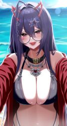 1girl absurdres akuma_nihmune akuma_nihmune_(casual) bikini black_bikini breasts cleavage collar facial_mark glasses hair_ornament heart heart_facial_mark highres horns indie_virtual_youtuber jacket jewelry large_breasts mole mole_under_eye navel necklace open_clothes open_jacket open_mouth pink_eyes purple_hair reaching reaching_towards_viewer red_jacket round_eyewear solo star_(symbol) star_hair_ornament swimsuit takamiya_nao virtual_youtuber