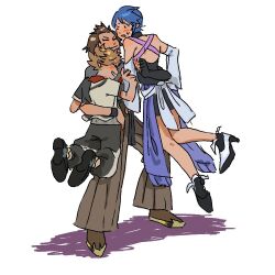 Rule 34 | 1girl, 2boys, aqua (kingdom hearts), arm around waist, blonde hair, blue hair, blush, brown hair, carrying, carrying multiple people, carrying person, chest strap, closed eyes, fingerless gloves, gloves, happy, kingdom hearts, kingdom hearts birth by sleep, lalalalife15, multiple boys, open mouth, short hair, smile, sweatdrop, terra (kingdom hearts), ventus (kingdom hearts)