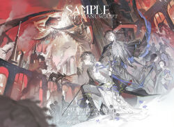 2boys absurdres arch arm_at_side belt black_belt black_boots black_cape black_gloves black_hair black_robe blue_ribbon blurry blurry_foreground boots borrowed_character cape castle chinese_commentary closed_mouth clothes_grab coat collar_grab destruction dragon dual_persona facial_mark final_fantasy final_fantasy_xiv flower gloves gongzuotianxiadiyi grey_jacket grey_pants hair_between_eyes heterochromia highres holding holding_sword holding_weapon hyur jacket knee_boots long_sleeves looking_up male_focus multicolored_hair multiple_boys multiple_views murrtecys_ansuz neckwear_grab on_one_knee open_mouth original outdoors outstretched_arm pants people planted planted_sword planted_weapon purple_flower purple_ribbon red_sky ribbon robe sample_watermark serious short_hair side_cape sky snowing standing sword tower two-tone_hair warrior_of_light_(ff14) watermark weapon weibo_watermark white_coat white_hair wind yellow_eyes