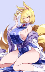 1girl absurdres adapted_costume animal_ears blonde_hair blue_background breasts brooch eyeliner fox_ears fox_girl fox_mask fox_tail highres jewelry large_breasts looking_at_viewer makeup mask medium_hair off_shoulder one_eye_closed raptor7 see-through_clothes see-through_shirt shirt sitting smile socks solo tabard tail thick_thighs thighs touhou unworn_mask wariza wide_hips yakumo_ran yellow_eyes