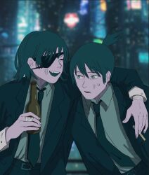 1boy 1girl :d arm_on_another&#039;s_shoulder bandaged_fingers bandaged_wrist bandages belt belt_buckle black_belt black_jacket black_necktie black_suit blue_eyes blue_hair blurry blurry_background bottle buckle chainsaw_man cigarette closed_eyes commentary english_commentary eyepatch fang formal_clothes green_shirt hair_between_eyes hayakawa_aki highres himeno_(chainsaw_man) holding holding_bottle holding_cigarette jacket lan_(ngtblan) long_sleeves looking_at_another necktie open_mouth parted_lips shirt short_hair small_sweatdrop smile suit topknot