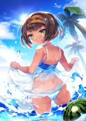 Rule 34 | 1girl, ass, astarte (surio), bare arms, bare back, bare shoulders, blue sky, blush, brown hair, chinese commentary, commentary request, cowboy shot, dark-skinned female, dark skin, day, dress, food, fruit, green eyes, hairband, highres, lady and the papyrus, lifting dress, looking at viewer, looking back, ocean, palm tree, palmtree, panties, sana.c, second-party source, short hair, sky, solo, standing, striped clothes, striped panties, sun, sunlight, tree, underwear, water, watermelon