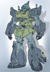 alternate_form armor assault_visor full_body fusion gelgoog gelgoog_(gquuuuuux) gradient_background green_visor gundam gundam_gquuuuuux mecha mecha_focus mobile_suit mobile_suit_gundam niiyan no_humans robot science_fiction shadow solo standing