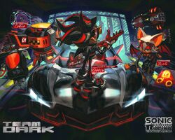Rule 34 | absurdres, black fur, black jacket, black pants, car, e-123 omega, eyewear on head, from behind, gloves, group picture, highres, jacket, kornart, motor vehicle, multicolored fur, pants, red eyes, red fur, red gloves, robot, rouge the bat, shadow the hedgehog, sonic (series), sonic racing: crossworlds, standing, sunglasses, white fur, wings