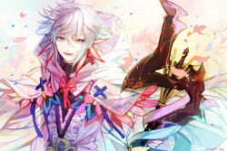 1boy cape cloak commentary copyright_name dated fate/grand_order fate_(series) frills hair_between_eyes holding holding_staff hood hood_down hooded_cloak looking_at_viewer male_focus matsunaka_hiro merlin_(fate) open_cloak open_clothes open_mouth short_hair signature smile solo staff upper_body white_cape white_cloak white_eyes white_hair