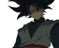 1boy black_bodysuit black_eyes black_hair bodysuit dougi dragon_ball dragon_ball_super earrings goku_black grin h1mboenjoyer jewelry long_sleeves looking_down potara_earrings red_sash saiyan sash shaded_face smile solo spiked_hair