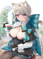 1girl animal_ears argyle black_capelet black_dress black_gloves blush bow breasts brown_pantyhose capelet cat_ears cat_girl cat_tail cleavage cleavage_cutout clothing_cutout collared_dress cup dress facial_mark genshin_impact gloves green_bow green_skirt grey_hair highres layered_skirt long_hair looking_at_viewer lynette_(genshin_impact) medium_breasts miko_(royal_milk) pantyhose ponytail purple_eyes saucer sidelocks sitting skirt solo star_(symbol) star_facial_mark tail tea teacup thighs two-tone_gloves white_gloves white_sleeves