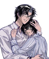 Rule 34 | 2boys, absurdres, alternate universe, bandaged arm, bandages, black hair, bleeding, blood, blood on neck, collared shirt, dao gui yi xian, eyepatch, fork, glasses, grey eyes, hand on another&#039;s head, height difference, highres, holding, holding fork, hospital gown, hug, li huowang, li huowang (modern world), long sleeves, looking at another, looking at viewer, male focus, medical eyepatch, multiple boys, official alternate costume, official alternate hair length, official alternate hairstyle, one eye covered, parted lips, qing wanglai, red eyes, scar, scar on face, shirt, short hair, simple background, smile, stab, striped clothes, striped shirt, teeth, upper body, vertical-striped clothes, vertical-striped shirt, watch, white background, white shirt, wristwatch, wuzi3742, yaoi
