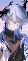 Rule 34 | 1boy, arknights, bishounen, black shirt, blush, closed mouth, eve (meltdown), highres, logos (arknights), male focus, medium hair, mole, mole under eye, pointy ears, red eyes, shirt, short hair, smile, solo, upper body