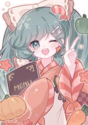 1girl apron aqua_eyes aqua_hair artist_name bell_pepper blush bow bowtie brown_bow brown_bowtie carrot charm_(object) checkered_clothes commentary earrings english_commentary eyelashes flower flower_earrings food fork_hair_ornament green_pepper hair_bow hair_ornament hairclip hatsune_miku highres holding holding_menu japanese_clothes jewelry kappougi kimono long_hair long_sleeves looking_at_viewer menu one_eye_closed open_mouth pumpkin red_flower red_kimono red_wrist_cuffs ribbon-trimmed_bow ribbon_trim shrimp smile snowflake_print spoon_hair_ornament squash striped_clothes striped_wrist_cuffs teeth twintails upper_body upper_teeth_only v vocaloid white_apron white_background wide_sleeves wrist_cuffs yuki_miku yuki_miku_(2024) yukomeow