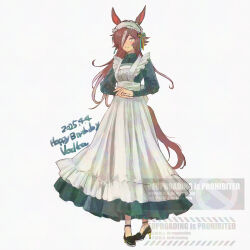 1girl alternate_costume animal_ears apron black_dress black_shoes breasts brown_eyes brown_hair closed_mouth commentary commentary_request dated dress english_text enmaided frilled_apron frills full_body grey_background hair_over_one_eye happy_birthday high_heels horse_ears horse_girl horse_tail juliet_sleeves long_hair long_sleeves maid maid_apron medium_breasts multicolored_hair nishioki_tama own_hands_together puffy_sleeves shoes simple_background solo standing symbol-only_commentary tail two-tone_hair umamusume very_long_hair victorian_maid vodka_(umamusume) watermark white_apron white_hair