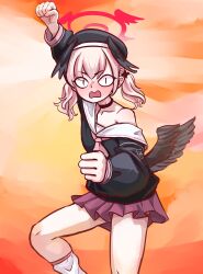 &lt;|&gt;_&lt;|&gt; 1girl absurdres arm_up beret black_hat black_shirt black_wings blue_archive blush body_markings chinese_commentary clenched_hands collarbone commentary_request feathered_wings fighting_stance halo hat head_wings highres koharu_(blue_archive) long_sleeves looking_at_viewer loose_socks low_wings medium_hair meme miniskirt multiple_wings neckerchief nose_blush open_mouth pink_hair pink_neckerchief pink_skirt pleated_skirt puffy_long_sleeves puffy_sleeves red_halo sailor_collar sailor_shirt school_uniform serafuku shirt single_bare_shoulder single_off_shoulder skirt socks solo twintails v-shaped_eyebrows wavy_mouth white_sailor_collar white_socks winged_halo wings wo_jiao_yingying_guai