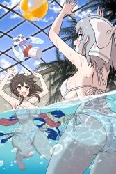 2girls armpits arms_up ass asuka_(senran_kagura) back_bow ball barefoot beachball bikini black_hair blue_eyes blue_sky blush bow breasts brown_eyes butt_crack cleavage collarbone colored_sclera commission creatures_(company) day froslass game_freak gen_4_pokemon gen_6_pokemon gluteal_fold greninja grey_hair hair_between_eyes hair_bow hair_ribbon highres huge_ass indoors large_breasts long_tongue median_furrow micro_bikini multiple_girls navel nintendo open_mouth palm_leaf palm_tree partially_submerged partially_underwater_shot playing pokemon pokemon_(creature) ponytail pool reaching red_eyes ribbon risapaso senran_kagura senran_kagura_estival_versus senran_kagura_peach_beach_splash senran_kagura_shinovi_versus senran_kagura_shoujo-tachi_no_shin&#039;ei short_hair short_ponytail shoulder_blades side-tie_bikini_bottom sideboob sidelocks skeb_commission sky skylight smile sparkle string_bikini striped_bow swimming swimsuit teeth tongue tongue_scarf tree underboob underwater upper_teeth_only water webbed_feet wet white_bikini white_bow yellow_sclera yumi_(senran_kagura)