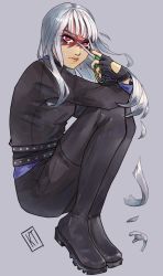 1girl animification belt black_belt black_bodysuit black_boots black_gloves blunt_bangs bodysuit boots crying crying_with_eyes_open fingerless_gloves gloves grey_background harumi_(ninjago) highres kt_(katiamts) long_hair ninjago red_eyes solo tears the_lego_group thigh_boots thighhighs white_hair